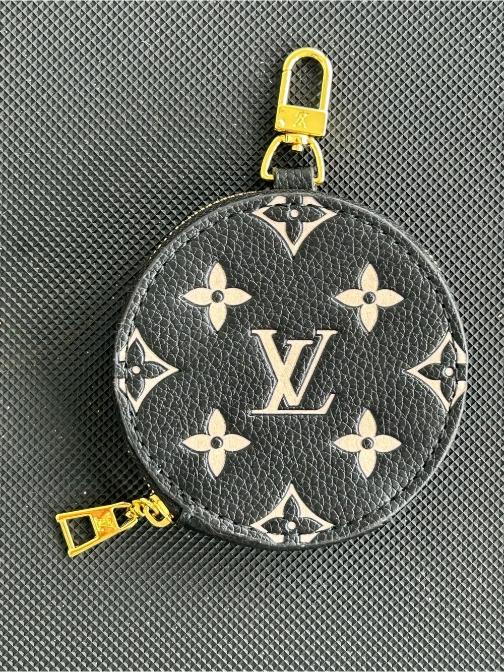 LV Black & Cream Monogram Round Coin Pouch with Gold Hardware